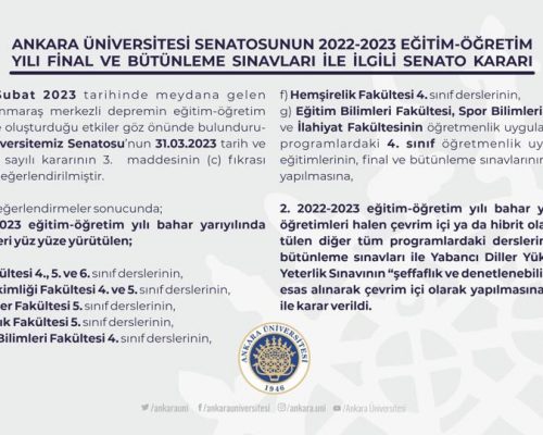 Ankara Üniversitesi Senatosunun 2022-2023 Eğitim -Öğretim Yılı Final ve Bütünleme Sınavları ile İlgili Senato Kararı